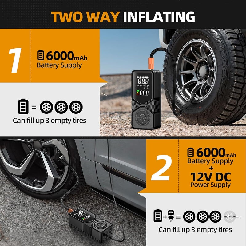 PEVALON Tire Inflator Portable Air Compressor - 150PSI Cordless Air Pump for Car Tires with Digital Pressure Gauge, Auto Shut Off & LED Emergency Light, 12V DC Power for Car, Bikes, Motorcycles, Balls - Image 5